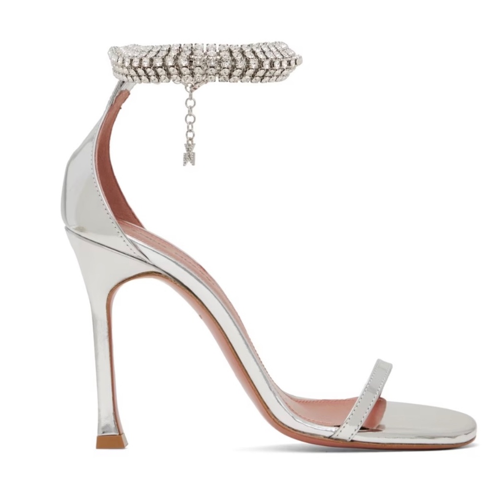 NEW AMINA MUADDI $1980 Silver leather w Crystals ankle strap 4" heel sandals 41